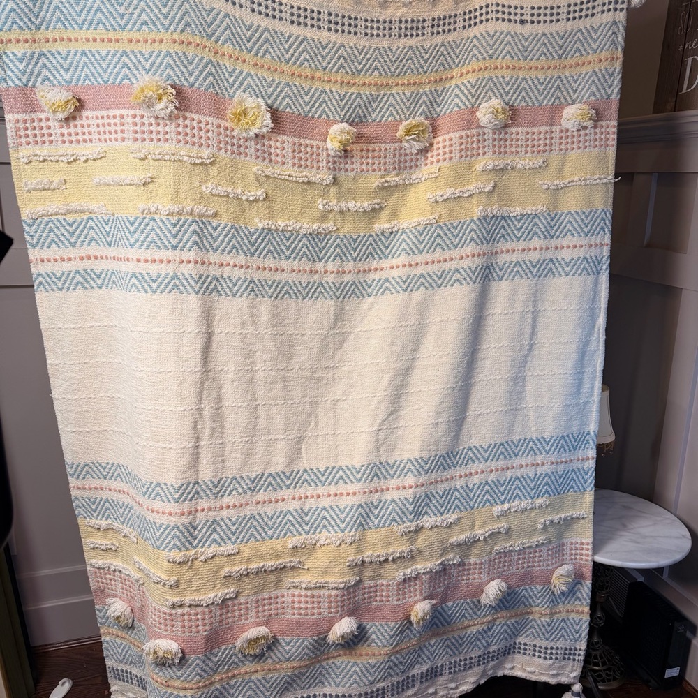 Tassel Boho Throw Blanket Cream yellow blue multi Striped 80%Cotton Indian50”x64 - Picture 7 of 10